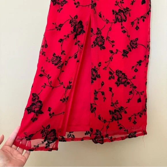 Vintage Y2K Small Whimsigoth Red Maxi Dress Black Velvet Roses Overlay Strappy